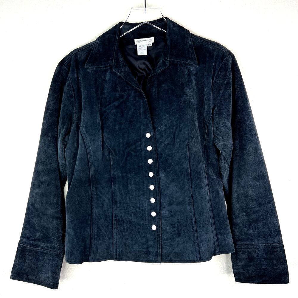 Coldwater Creek 100% Suede Leather Jacket Black Snap Button Women's P Medium